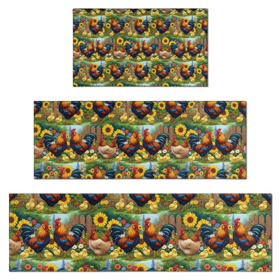 Green Chicken Sunflower Pattern Kitchen Rugs Sets Of 3,Kitchen Runner Rugs Non Skid Washable,Decorative Kitchen Floor Mats for Kitchen,Sink,Laundry,17"x30"+ 17"x47" + 17"x59"