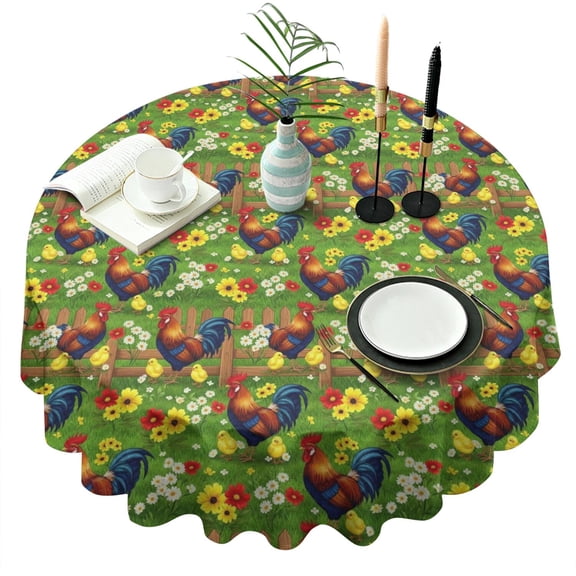 Green Chicken Sunflower Pattern Round Tablecloth 60"x60",Wrinkle Wipeable Table Cloth for Kitchen Dining Room Picnic Patio Party