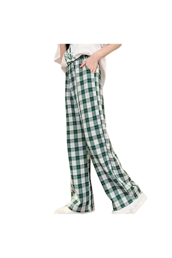 Green Children Boy Girl Faux Silk Rayon Lounge Pants for Child Thin Plaid Flare Wide Leg Straight Leg Long Boot Cut Leg Fall Summer 2026 Clothing Fashion 7 Years