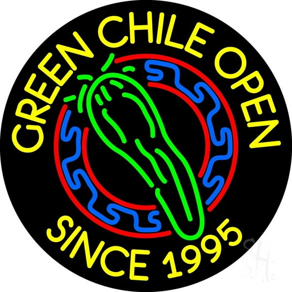 Green Chili Open Circle LED Neon Sign 18 x 18 - inches, Clear Edge Cut Acrylic Backing, with Dimmer - Bright and Premium built indoor LED Neon Sign for restaurant window and interior decor.