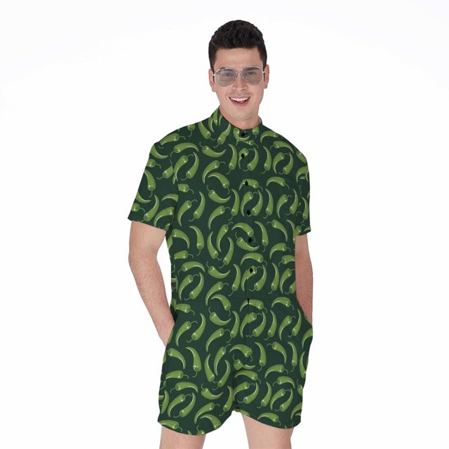Green Chili Peppers Pattern Short Sleeve Men'S Rompers Casual Summer Jumpsuits Outfit