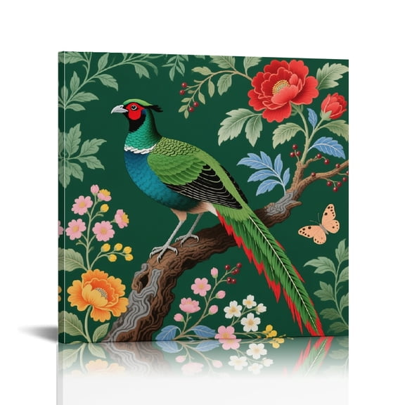 Green Chinoiserie Bird Flower Canvas Print, Art Modern Canvas Prints, Wall Art Ready To Hang Room Home Art Decor