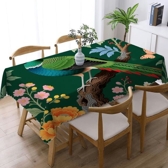 Green Chinoiserie Bird Flower Rectangular Tablecloth, Polyester Tablecloths - 2D Flat Printing Tablecloths rectangle , Cafe, dinner, brunch, buffet, picnic