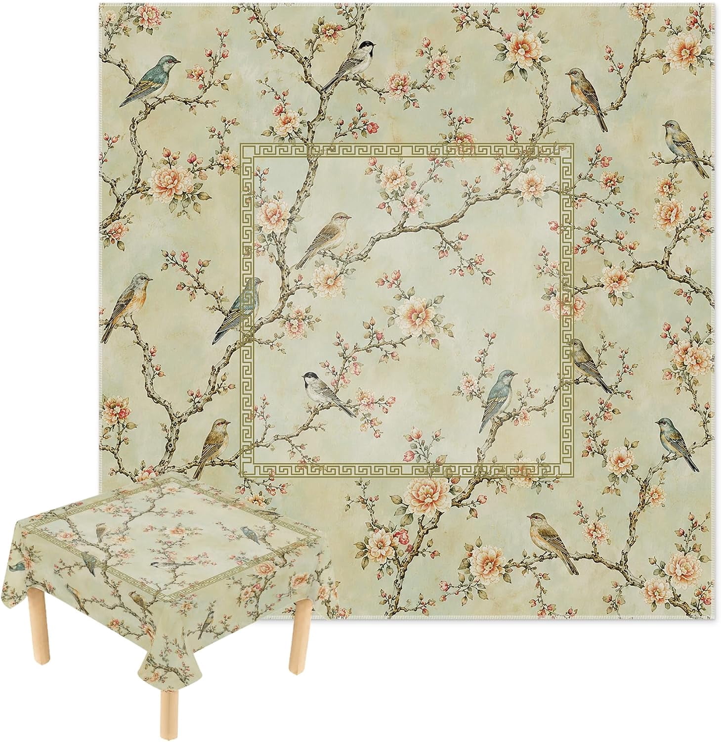 Green Chinoiserie Floral Bird Mahjong Tablecloth Square 55 Inch ...
