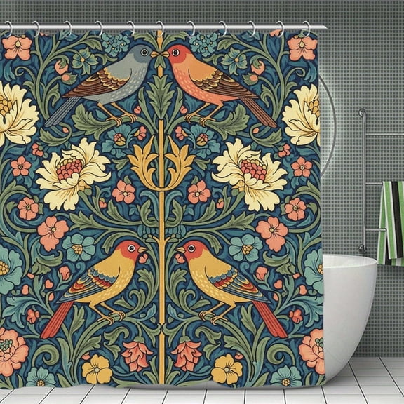 Green Chinoiserie Flower And Bird Print Shower Curtain,Modern Fabric Waterproof Shower Curtain Set with Hooks 70.8×70.8Inch (180×180cm)