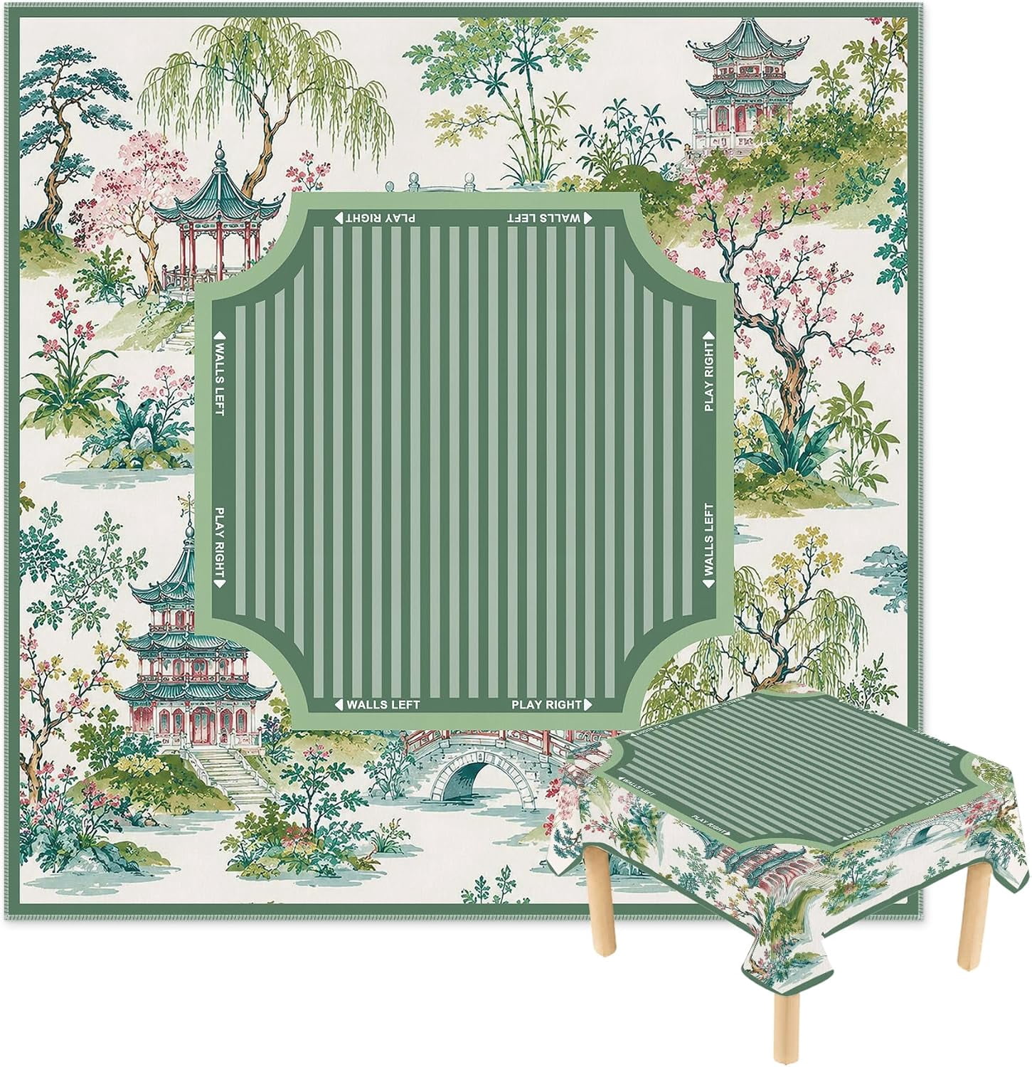 Green Chinoiserie Garden Scene Mahjong Tablecloth 55