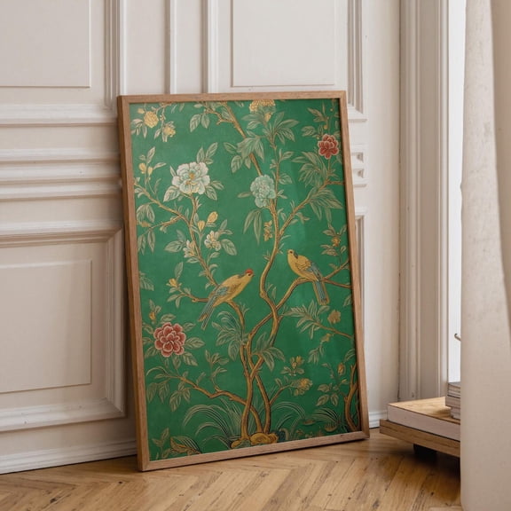 Green Chinoiserie Vintage Floral Bird Antique Botanical Asian Inspired Emerald Wall Art, Unframed Canvas