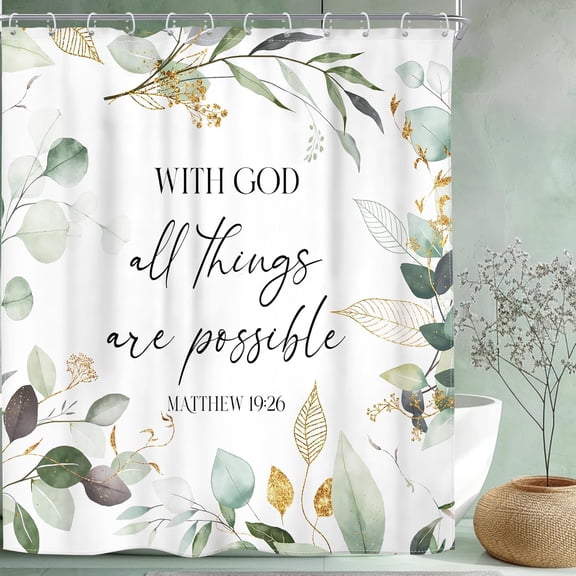 Green Christian Shower Curtain Bible Verse Sage Eucalyptus Leaves Scriptures Spring Inspirational Quotes 72Wx72H Inch Mid Century Fabric Decor Bathroom Polyester Waterproof 12 Pack Hooks