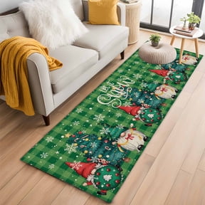 Green Christmas 2'x6' Runner Rugs for Hallway Kitchen Bedside Non Slip Washable, Winter Gnomes Snowflakes Pine Tree Grid Entryway Rug Runners with Rubber Backing, Long Carpet Runner for Laundry Room