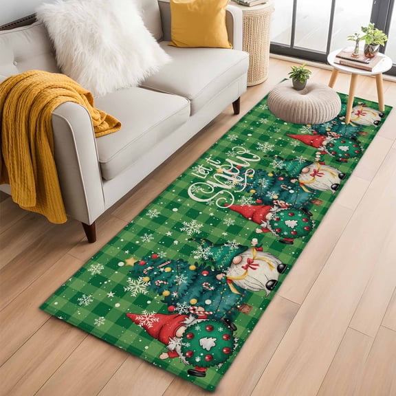 Green Christmas 2'x6' Runner Rugs for Hallway Kitchen Bedside Non Slip Washable, Winter Gnomes Snowflakes Pine Tree Grid Entryway Rug Runners with Rubber Backing, Long Carpet Runner for Laundry Room