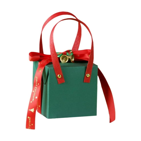 Green Christmas Apple Gift Box With Bell Ribbon, Handmade Paper Design, Portable Handle For Holiday Packaging And Party Favor 7X7X5In 0.4Lb