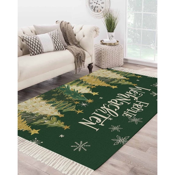 Green Christmas Area Rug 3x5 Living Room Rug with Tassel Woven Cotton Entryway Rugs Washable Bedroom Rugs Aesthetic Nursery Carpet Xmas Tree Snowflake Farmhouse Floor Mat for Laundry Room