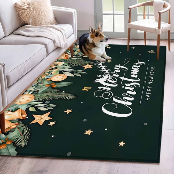 Green Christmas Area Rugs 3'x5', Washable Small Throw Rugs for Living Room Bedroom, Xmas Botanical Ball Bell Indoor Outdoor Rug Non-Slip Low Pile Carpet Runner Reversible Floor Mats