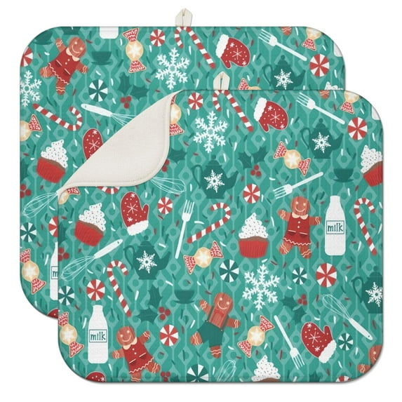 Green Christmas Baking Pattern Dish Drying Mat for Kitchen 1 Pack, Ultra Absorbent Microfiber Dishes Drainer Mats,16x18in(41x46cm)