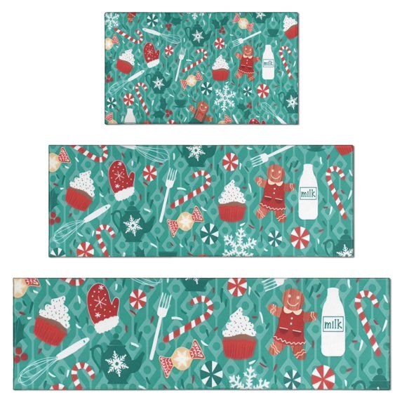 Green Christmas Baking Pattern Kitchen Rugs Sets Of 3,Kitchen Runner Rugs Non Skid Washable,Decorative Kitchen Floor Mats for Kitchen,Sink,Laundry,17"x30"+ 17"x47" + 17"x59"