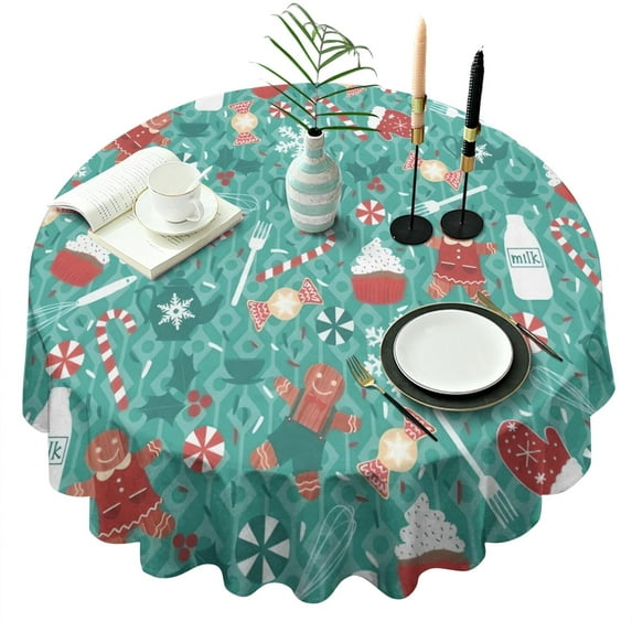 Green Christmas Baking Pattern Round Tablecloth 60"x60",Wrinkle Wipeable Table Cloth for Kitchen Dining Room Picnic Patio Party