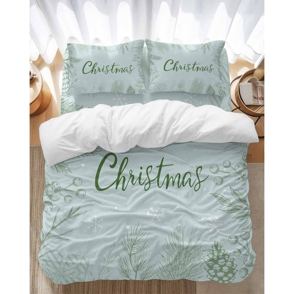 Green Christmas Bedding Duvet Cover Set Queen Size 4 Pieces Hand-painted Pine Needles Plant Lines Textures Bedding Set with Zipper Closure, 1 Comforter Cover 90x92 Inch 1 Flat Sheet & 2 Pillow Cases