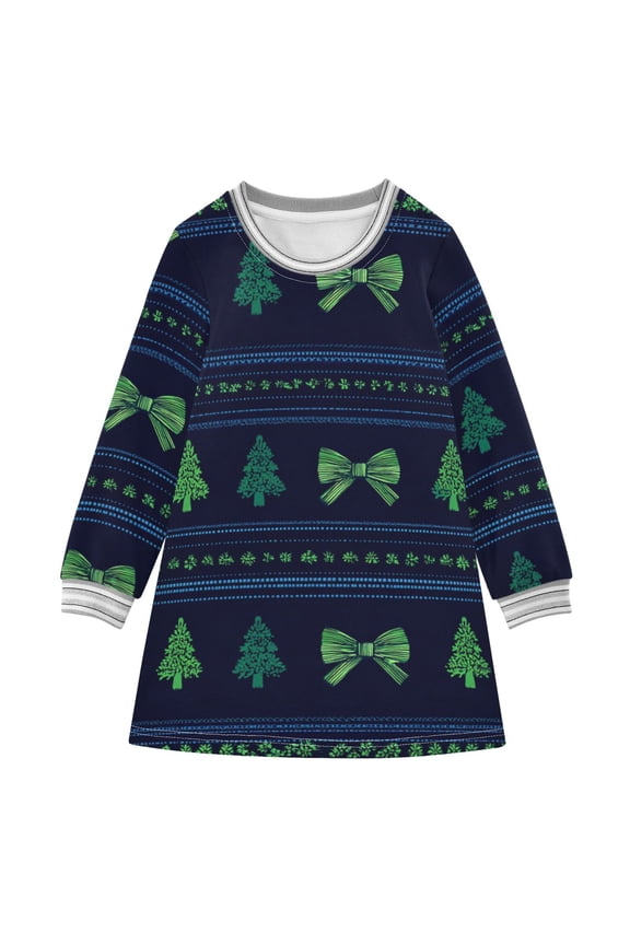 Green Christmas Bows Trees Stripes Long-sleeved Dress A-line One-Piece Dress for 2-8 Years Casual Party 3T