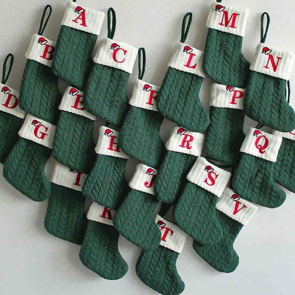 Green Christmas Candy Bag, Knitted Stocking with Embroidered Alphabet, 7x6 Inch Gift Pouch for Holiday