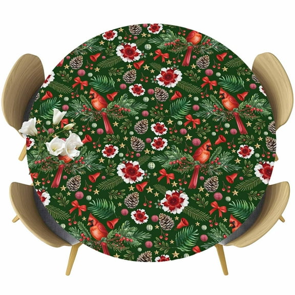 Green Christmas Cardinal Table Cloth, Round Fitted Tablecloths with Elastic Edge, Xmas Winter Flower Bow Pine Fruits Wipeable Waterproof Table Cover for Kitchen Wedding 36-44 Inches