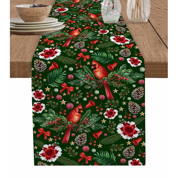 Green Christmas Cardinal Table Runner 60 Inches, Xmas Winter Flower Bow Pine Fruits Bed Runner Dresser Scarves Tabletop for Indoor Outdoor Parties/Ceremony/Banquet, 13" x 60"