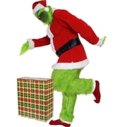 Mens Red & Green Christmas Halloween Costume - 7-Piece Plush Character Suit Set with Mask, Hat and Belt L/XL
