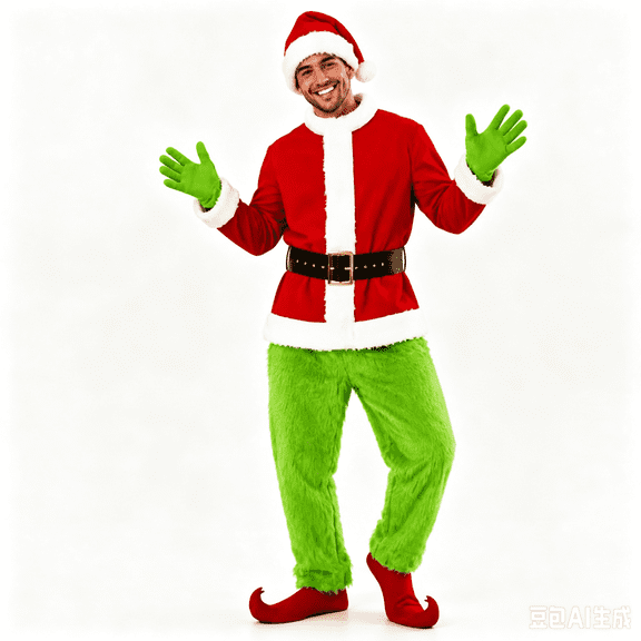 Men's Red & Green Christmas Halloween Costume - 7-Piece Plush Character Suit Set with Mask, Hat and Belt (S/M)