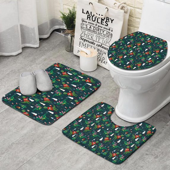 Green Christmas Dinosaur and Snowman Pattern Bathroom Rugs Sets 3 Piece,Toilet Cover Set,Absorbent Non Slip Bathroom Mats Sets with U-Shaped Contour Rug Toilet Rug Set