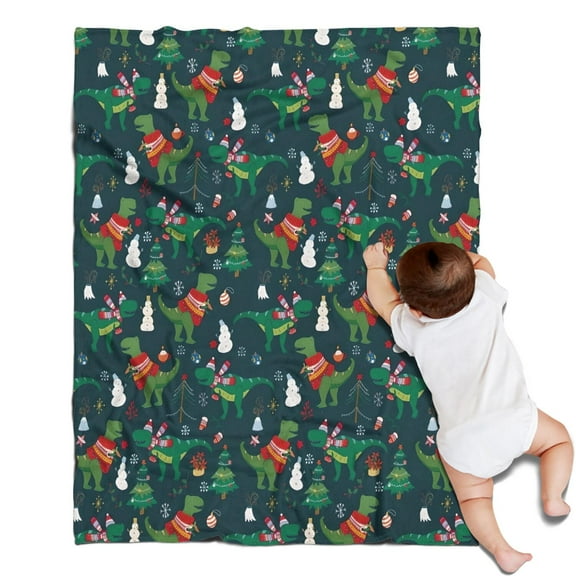 Green Christmas Dinosaur and Snowman Pattern Blanket,Comfortable Soft Flannel Throw Blanket,All Season,Warm Lightweight Blankets for Sofa Bed Couch Living Room Chair,30"x40"
