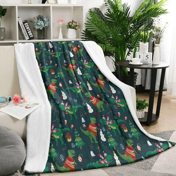 Green Christmas Dinosaur and Snowman Pattern Blanket,Comfortable Soft Lamb Wool Throw Blanket,All Season,Warm Lightweight Blankets for Sofa Bed Couch Living Room Chair,50"x60"
