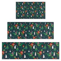 Green Christmas Dinosaur and Snowman Pattern Kitchen Rugs Sets Of 3,Kitchen Runner Rugs Non Skid Washable,Decorative Kitchen Floor Mats for Kitchen,Sink,Laundry,17"x30"  17"x47"   17"x59"