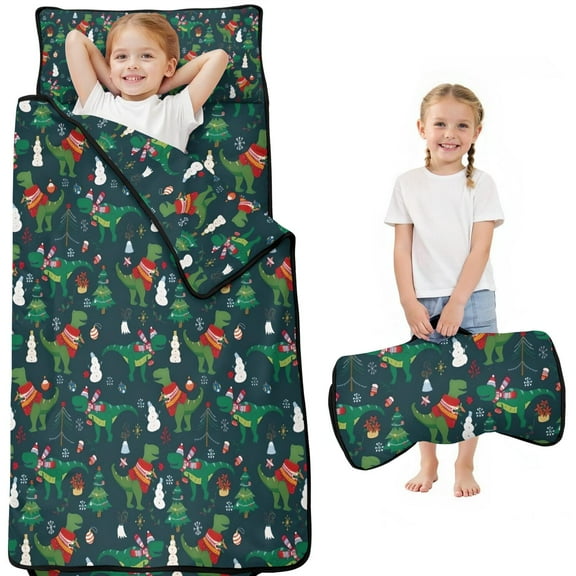 Green Christmas Dinosaur and Snowman Pattern Toddler Nap Mats for Kids Preschool,50"x20" Sleeping Mat Bag or Kids,Toddler Sleeping Bag,Toddler Nap Mat or Daycare