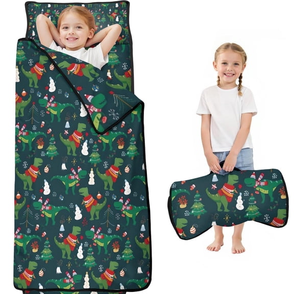 Green Christmas Dinosaur and Snowman Pattern Toddler Nap Mats for Kids Preschool,60"x20" Sleeping Mat Bag or Kids,Toddler Sleeping Bag,Toddler Nap Mat or Daycare