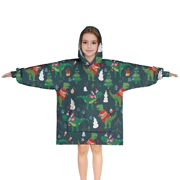 Green Christmas Dinosaur and Snowman Pattern Blanket Hoodies for Kids 6-13YR Oversize Wearable Blanket Hoodies for Boys Girls Teens