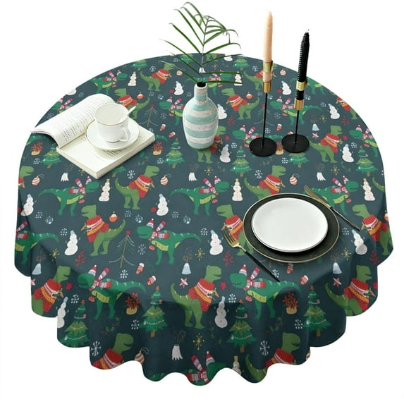 Green Christmas Dinosaur and Snowman Pattern Round Tablecloth 60"x60",Wrinkle Wipeable Table Cloth for Kitchen Dining Room Picnic Patio Party