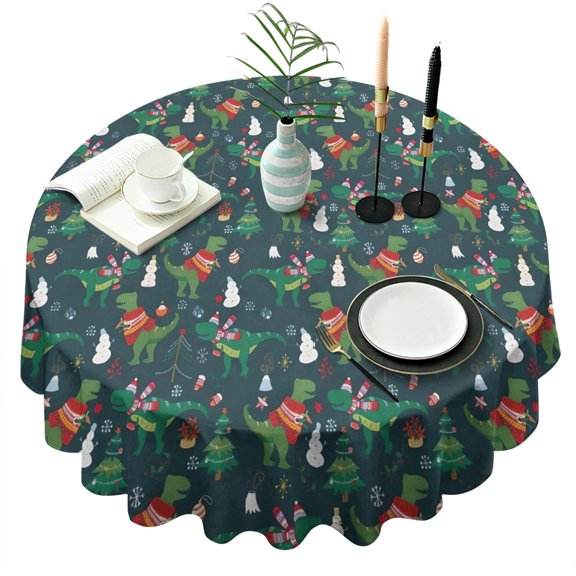 Green Christmas Dinosaur and Snowman Pattern Round Tablecloth 60"x60",Wrinkle Wipeable Table Cloth for Kitchen Dining Room Picnic Patio Party