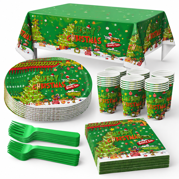 Green Christmas Disposable Party Tableware Set, Serves 20 Guests