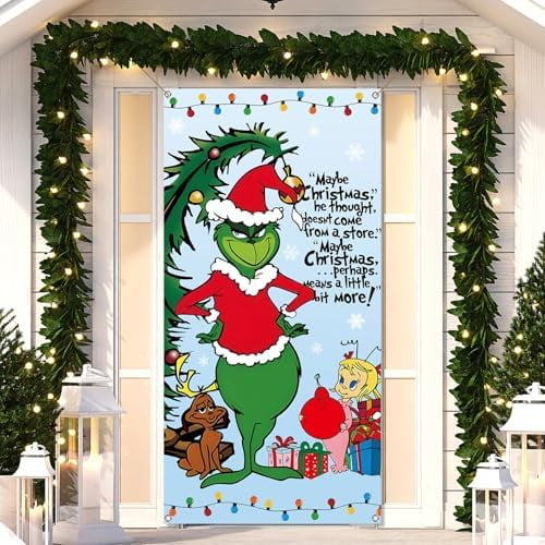 Green Christmas Door Cover Welcome Xmas Birthday Party Decoration Winter Holiday Front Porch Banner for Home Office Door Decor