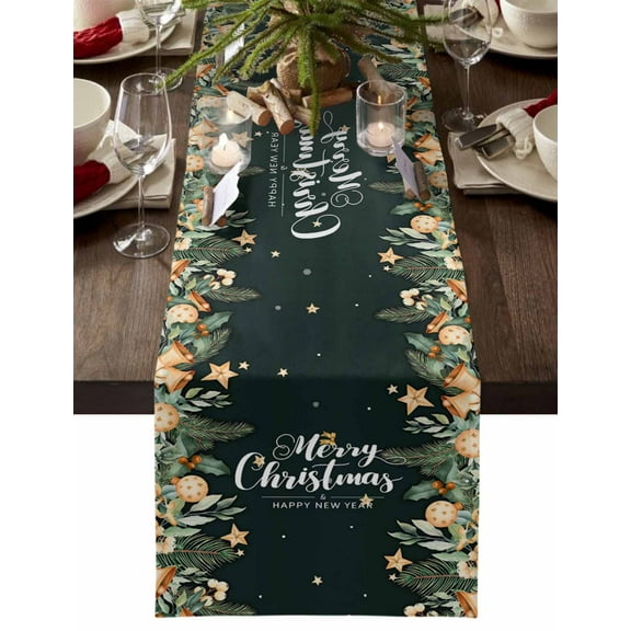 Green Christmas Dresser Scarf Farmhouse, Dining Table Decorations for Wedding/Parties, Xmas Botanical Ball Bell Table Runner 36 Inches Long for Kitchen Dining, 13 x 36 In