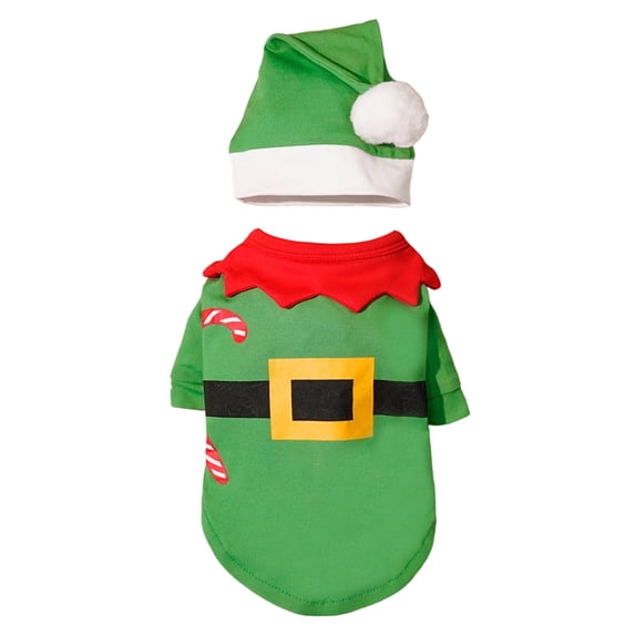 Green Christmas Elf Dog Costume with Matching Hat, Fabric Holiday Pet Clothing with Red Collar and Belt Detail for Small Dogs and Cats, Size S