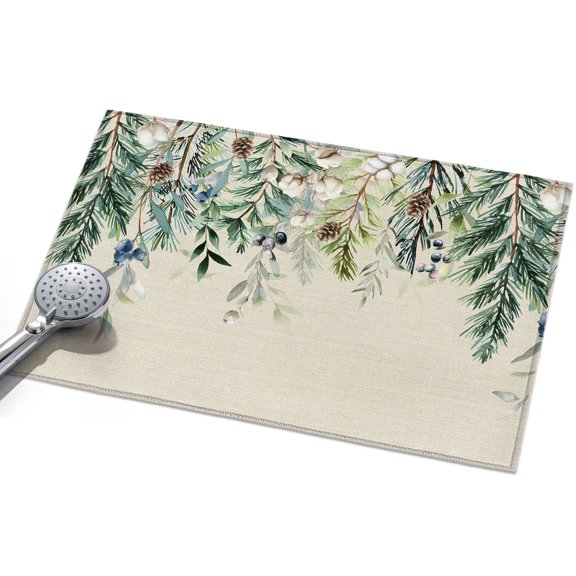 Green Christmas Entryway Rug 2x3ft Washable Non Slip Bathroom Rug Low Pile Indoor Floor Front Door Mat Farmhouse Weeping Berry Pine Cones Rectangle Area Rugs Carpet for Kitchen Office Dining Room