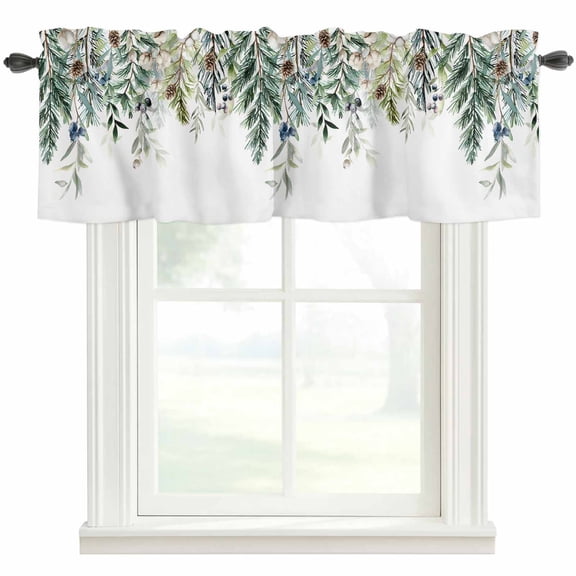 Green Christmas Farmhouse Short Window Curtain Valances, Weeping Berry Pine Cones Pastoral Rod Pocket Kitchen Valances for Living Room Bedroom Bathroom Cafe 42" x 12"