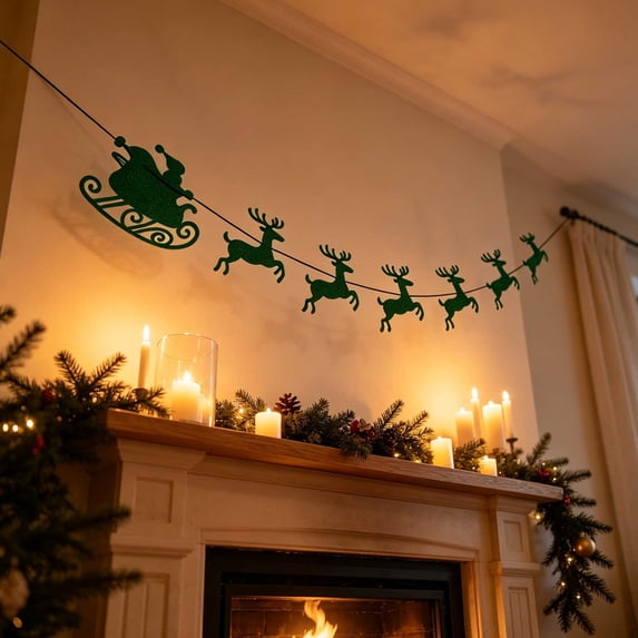 Green Christmas Felt Hanging Banner,Traditional Sleigh Reindeer Garland,Polyester Festive String Decor For Wall Fireplace Door Party Home Holiday Decor