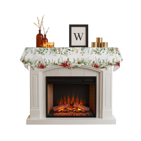 Green Christmas Fireplace Mantel Scarf Cover 70"Wx17"L,Fireplace Mantel Shelf Top Runner,Xmas Botanical Poinsettia Winter Mantle Dresser Scarves Table Runner for Holiday Party Living Room Decorations