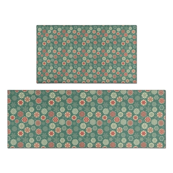Green Christmas Floral Pattern Kitchen Rugs Sets Of 2,Anti Fatigue Kitchen Mat Rugs Non Slip Washable,Decorative Kitchen Floor Mats for Kitchen,Sink,Laundry,17"x30"+17"x47"