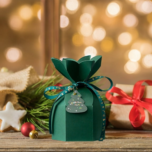 Green Christmas Gift Box With Ribbon For Apple Candy Packaging, Sturdy Cardboard With Festive Designs, Easy Open And Close For Treats Toys Cards, Reusable For Holiday Party Favors, 1 Box