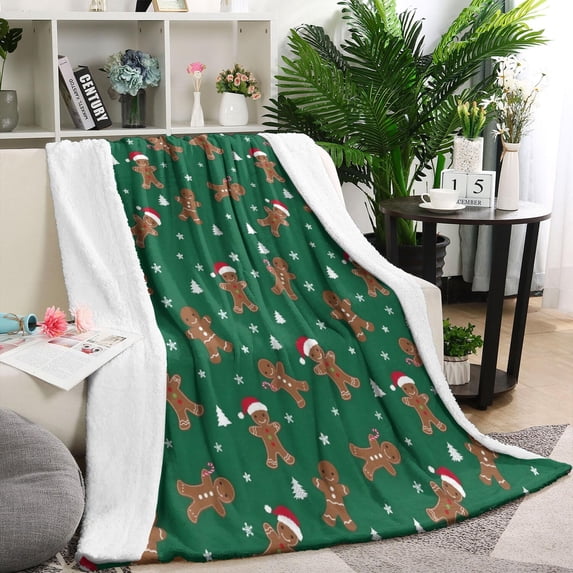 Green Christmas Gingerbread Man Pattern Blanket,Comfortable Soft Lamb Wool Throw Blanket,All Season,Warm Lightweight Blankets for Sofa Bed Couch Living Room Chair,60"x80"