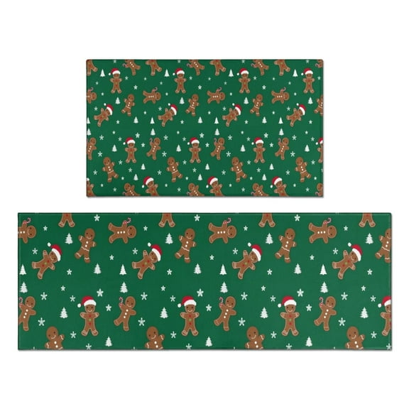 Green Christmas Gingerbread Man Pattern Kitchen Rugs Sets Of 2,Anti Fatigue Kitchen Mat Rugs Non Slip Washable,Decorative Kitchen Floor Mats for Kitchen,Sink,Laundry,17"x30"+17"x47"
