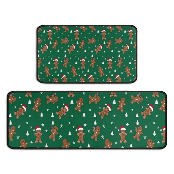 Green Christmas Gingerbread Man Pattern Kitchen Rugs Sets Of 2,Anti Fatigue Kitchen Mat Rugs Non Slip Washable,Decorative Kitchen Floor Mats for Kitchen,Sink,Laundry,17"X30"+17"X47"