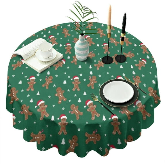 Green Christmas Gingerbread Man Pattern Round Tablecloth 60"x60",Wrinkle Wipeable Table Cloth for Kitchen Dining Room Picnic Patio Party
